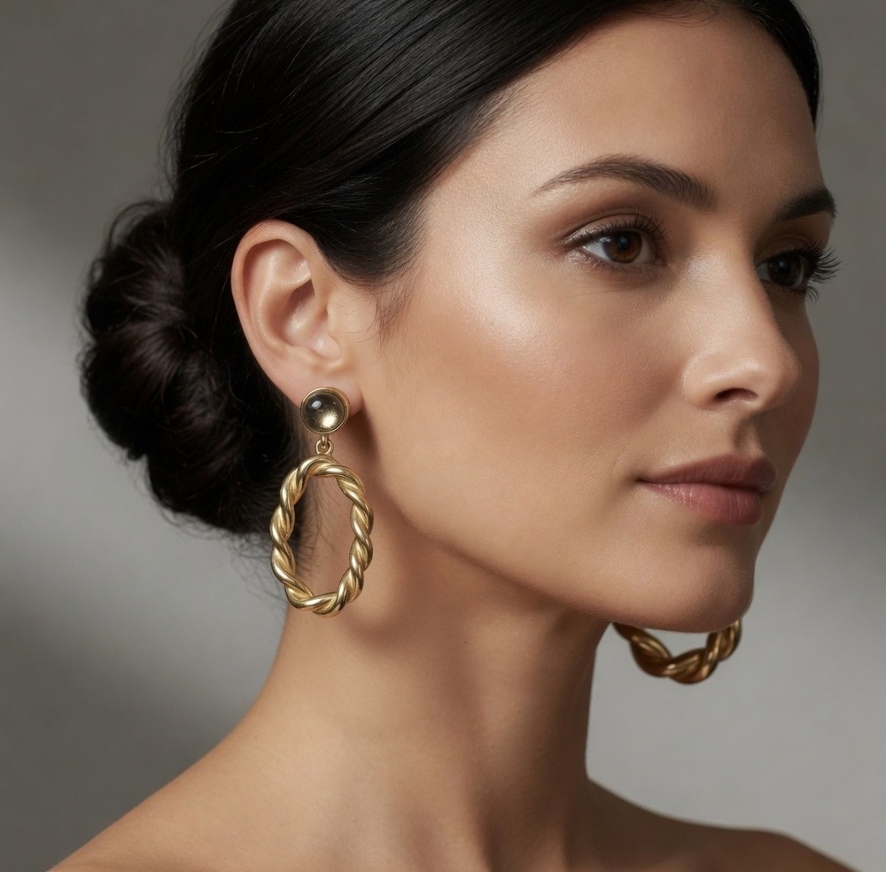 Vintage Givenchy Dangle Stud Earrings 2" Gold Tone Twisted Rope Hoop Drop VG